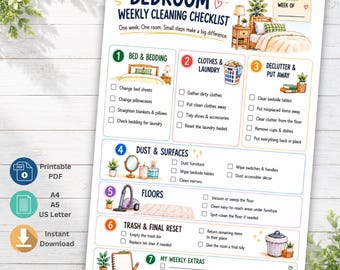 Op de afbeelding: Een printbare wekelijkse schoonmaakchecklist voor de slaapkamer met zeven genummerde secties en illustraties. Het document bevat taken voor beddengoed, wasgoed, opruimen, afstoffen, vloeren en afval, met selectievakjes voor voortgang.