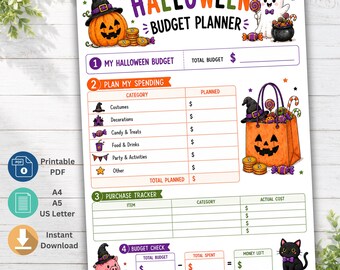 Op de afbeelding: Een printbaar Halloween-budgetplannerblad met kleurrijke illustraties van een pompoen, een geest en een zwarte kat. Het document bevat secties voor het budget, de uitgavenplanning, de aankooptracker en de budgetcontrole met ruimtes voor bedragen.