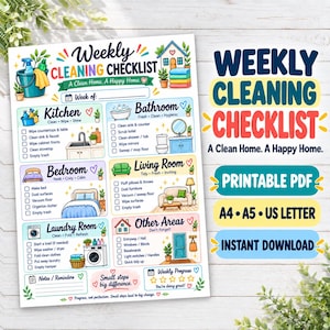Puede incluir: Una lista de verificación de limpieza semanal en PDF imprimible con ilustraciones coloridas de artículos para el hogar y habitaciones. El documento incluye secciones para la cocina, el baño, el dormitorio, la sala de estar y el lavadero con casillas.