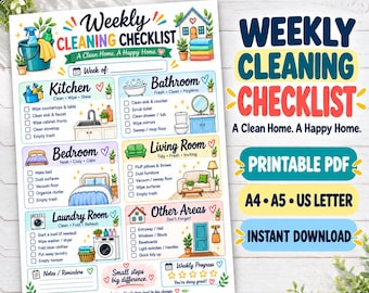 Op de afbeelding: Een wekelijkse schoonmaakchecklist als printbare PDF met kleurrijke illustraties van huishoudelijke artikelen en kamers. Het document bevat secties voor de keuken, badkamer, slaapkamer, woonkamer, wasruimte en andere ruimtes met selectievakjes.