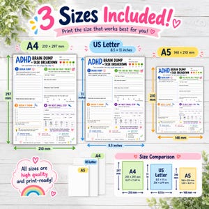 May include: A digital ADHD brain dump and task breakdown planner template available in three sizes: A4 (210 x 297 mm), US Letter (8.5 x 11 inches), and A5 (148 x 210 mm). The printable document includes sections for brain dumping, task breakdown, and progress tracking.