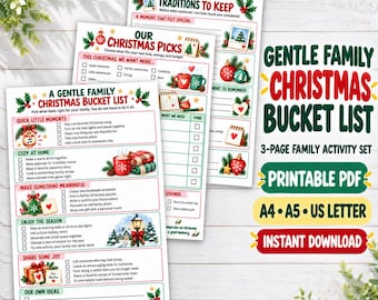 Op de afbeelding: Een driedelige printbare kerstactiviteitenset met een Gentle Family Christmas Bucket List, Our Christmas Picks en Traditions to Keep. Elke pagina bevat selectievakjes, kerstillustraties en tekst in het Engels.