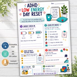Werkblad voor het resetten van een dag met weinig energie bij ADHD, planner voor executieve disfunctie, hulp bij overweldiging, printbare pagina voor een milde productiviteit