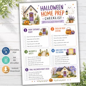 Op de afbeelding: Een printbare Halloween-checklist voor de voorbereiding van het huis, met een illustratie van een spookhuis, een geest, pompoenen en vijf genummerde secties met selectievakjes voor taken zoals de entree en veiligheid.