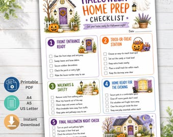 Op de afbeelding: Een printbare Halloween-checklist voor de voorbereiding van het huis, met een illustratie van een spookhuis, een geest, pompoenen en vijf genummerde secties met selectievakjes voor taken zoals de entree en veiligheid.