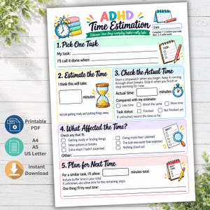 May include: A printable ADHD Time Estimation worksheet featuring five numbered sections for tracking tasks. The document includes colourful illustrations of a clock, hourglass, and notepad, with text prompts for recording estimated and actual time spent on daily activities.