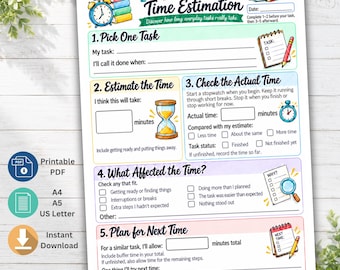 May include: A printable ADHD Time Estimation worksheet featuring five numbered sections for tracking tasks. The document includes colorful illustrations of a clock, hourglass, and notepad, with text prompts for recording estimated and actual time spent on daily activities.