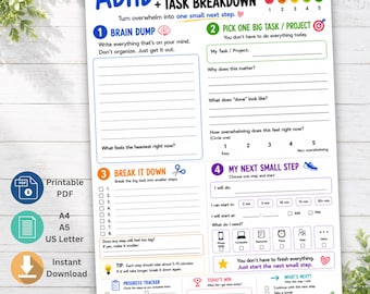 Op de afbeelding: Een wit ADHD brain dump en task breakdown plannerblad met blauwe en zwarte tekst. Het bevat secties voor het leegmaken van het hoofd, het kiezen van een project, het opdelen van taken in stappen en het plannen van de volgende kleine stap.