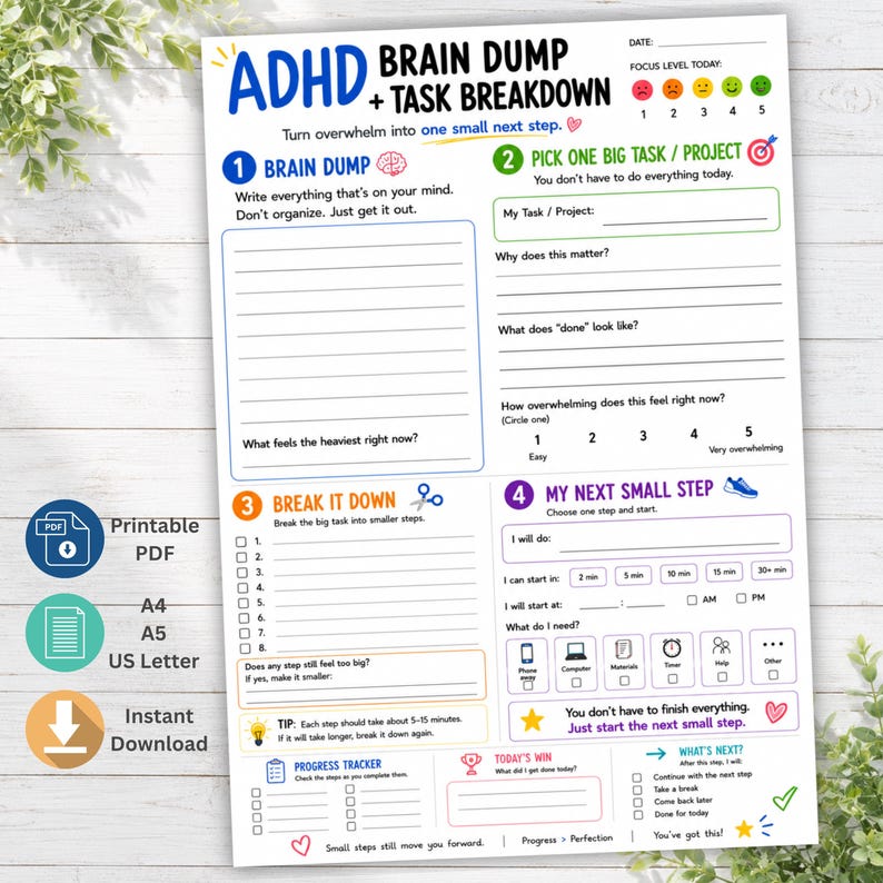 May include: A white ADHD brain dump and task breakdown planner sheet with blue and black text. It features sections for brain dumping, picking a project, breaking tasks into steps, and planning the next small step, plus a progress tracker.