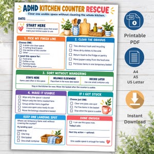 Könnte beinhalten: Eine druckbare ADHD Kitchen Counter Rescue Checkliste mit Abschnitten zum Festlegen eines Ziels, zum Aufräumen, Sortieren, Nutzbarmachen der Fläche und Ablageplätzen. Das Dokument enthält farbige Überschriften, Kontrollkästchen und Küchenillustrationen.