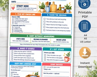 Op de afbeelding: Een printbare ADHD Kitchen Counter Rescue checklist met secties voor het kiezen van een einddoel, het opruimen van voorwerpen, sorteren, de ruimte bruikbaar maken en landingsplekken. Het document bevat gekleurde koppen, selectievakjes en illustraties.