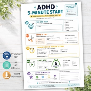 May include: A printable ADHD 5-minute start task planner sheet with five numbered steps. The document includes sections for picking a task, making it tiny, choosing a 5-minute action, starting now, and reflecting after 5 minutes with checkboxes and lines.