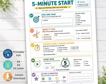 May include: A printable ADHD 5-minute start task planner sheet with five numbered steps. The document includes sections for picking a task, making it tiny, choosing a 5-minute action, starting now, and reflecting after 5 minutes with checkboxes and lines.