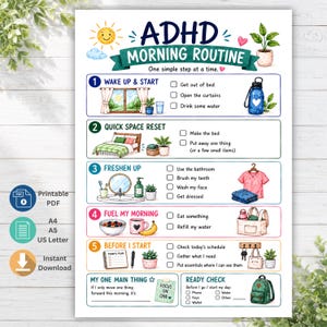 May include: A printable ADHD morning routine checklist featuring five numbered steps with colorful illustrations. The chart includes tasks like waking up, space reset, freshening up, fueling, and starting, with checkboxes and icons for daily activities.