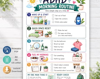 Op de afbeelding: Een printbare ADHD-ochtendroutine checklist met vijf genummerde stappen en kleurrijke illustraties. De kaart bevat taken zoals opstaan, opruimen, opfrissen, ontbijten en starten, voorzien van selectievakjes en iconen voor dagelijkse activiteiten.
