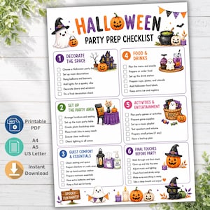 Puede incluir: Una lista de verificación para la preparación de una fiesta de Halloween impresa en papel, con seis secciones numeradas con tareas, ilustraciones coloridas de fantasmas, calabazas, una casa embrujada y un gato negro, titulada Halloween Party Prep Checklist.