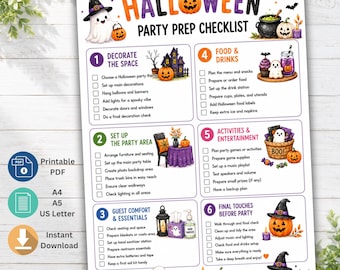 Op de afbeelding: Een Halloween feestvoorbereidingschecklist gedrukt op papier, met zes genummerde secties met taken, kleurrijke illustraties van spoken, pompoenen, een spookhuis en een zwarte kat, met de titel Halloween Party Prep Checklist bovenaan.