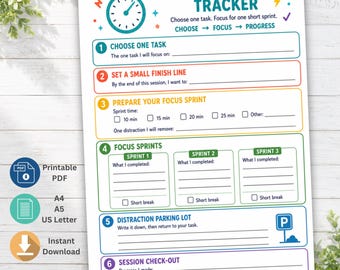 May include: A white ADHD Focus Sprint Tracker printable sheet featuring a teal stopwatch icon and six numbered sections. The layout includes fields for task selection, sprint timing, progress tracking, a distraction parking lot, and a session check-out.