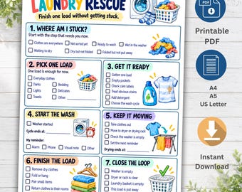Op de afbeelding: Een printbare ADHD Laundry Rescue checklist met zeven genummerde stappen, selectievakjes en kleurrijke illustraties van wastaken, waaronder een wasmachine, wasmanden, wasmiddel en een wasrek, voorzien van instructietekst.