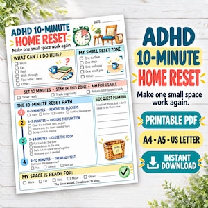 May include: A printable ADHD 10-minute home reset checklist featuring sections for tasks, a reset zone, a 10-minute path, and side quest parking. The document includes illustrations of a clock, a chair, a mug, and a basket with a park it label.