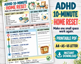 Op de afbeelding: Een printbare ADHD 10-minute home reset checklist met secties voor taken, een resetzone, een 10-minutenpad en side quest parking. Het document bevat illustraties van een klok, een stoel, een mok en een mand met een park it label.