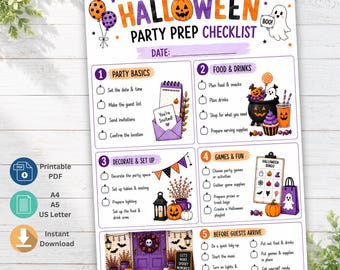 Op de afbeelding: Een Halloween-feestchecklist gedrukt op wit papier met kleurrijke illustraties van pompoenen, spoken en vleermuizen. Het document is verdeeld in vijf genummerde secties met selectievakjes voor taken zoals feestbenodigdheden, eten en decoratie.