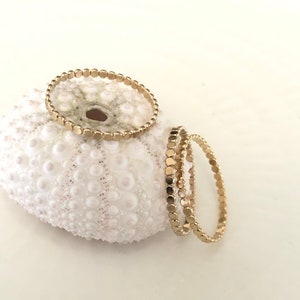 Op de afbeelding: Drie goudkleurige stapelringen met een parelmoerontwerp. De ringen zijn gestapeld op een witte zee-egel.