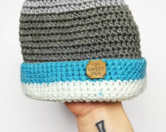 Stripey Woolly Hat, Hipster Beanie, Turn Up, Handmade Blue Grey White Headwear