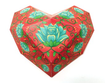 valentines day gift printable diy paper heart red floral 3d etsy