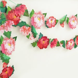 Printable DIY Floral Bunting | Pink and Red paper flowers for wall decor garden party birthdays spring | A3 size Instant digital download