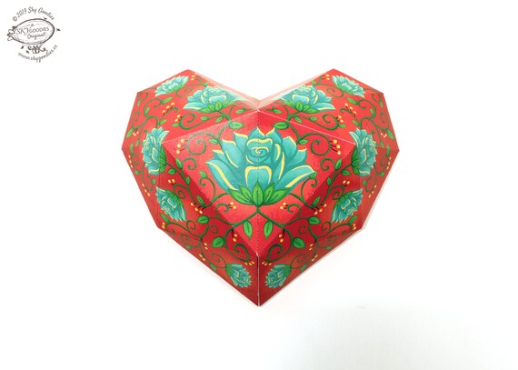 valentines day gift printable diy paper heart red floral 3d etsy