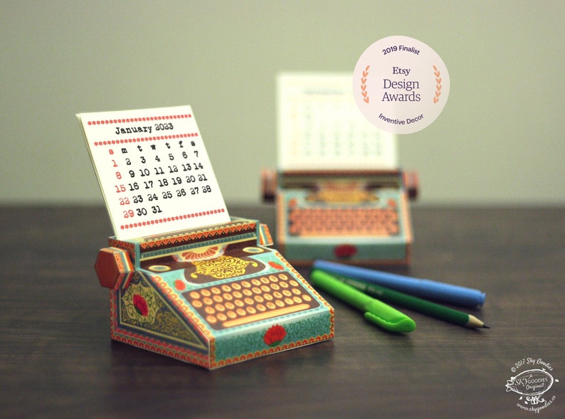 2023 & 2022 DIY Printable Typewriter Desk Calendar | Colourful Miniature Paper Papercraft | A4 template pdf | Gift Colleague Writer Author 