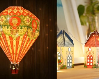 Big Red DIY Hot Air Balloon Lamp Shade & 10 Mini Happy Homes with Fairy Lights Saver Combo | Save 20% | Paper Craft Kit | Party Decor