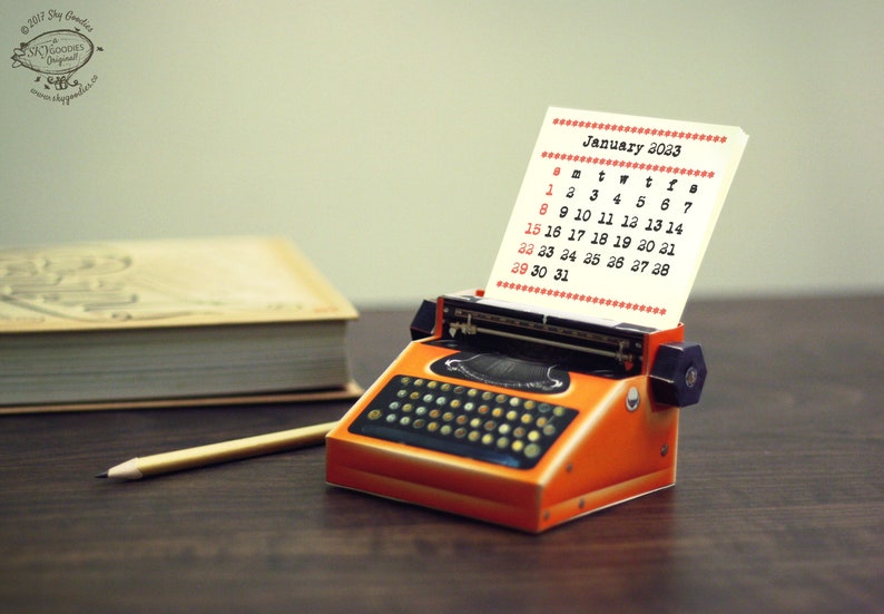 2023 & 2022 DIY Printable Paper Desk Calendar Papercraft | Realistic Orange Miniature Typewriter | A4 template pdf | Instant download gift 