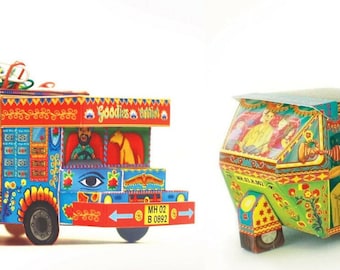 DIY Paper Craft Kit Combo Saver: Blue Truck & Green Auto Rickshaw or Tuk Tuk - Goodies Boxes | Save 20% | Cute Office or Home Desk Accessory