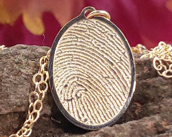 14k Solid Yellow Gold Oval Memorial Fingerprint Necklace - Memorial Gifts / Memorial Jewelry / Loved One Fingerprint / Memorial Necklace
