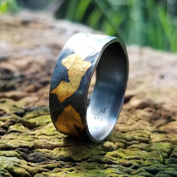 Gold Infused Mens Wedding Ring - 24k Gold - Mens Wedding Band / Rustic Band / Rustic Ring / Hammered Ring / Personalized Ring