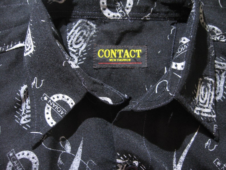 S Silk 1990s Vintage Black Allprint Canada Sleeved Polkadot Hawaiian shirt Leaf Floral Hawaii overprint Button blossom image 3
