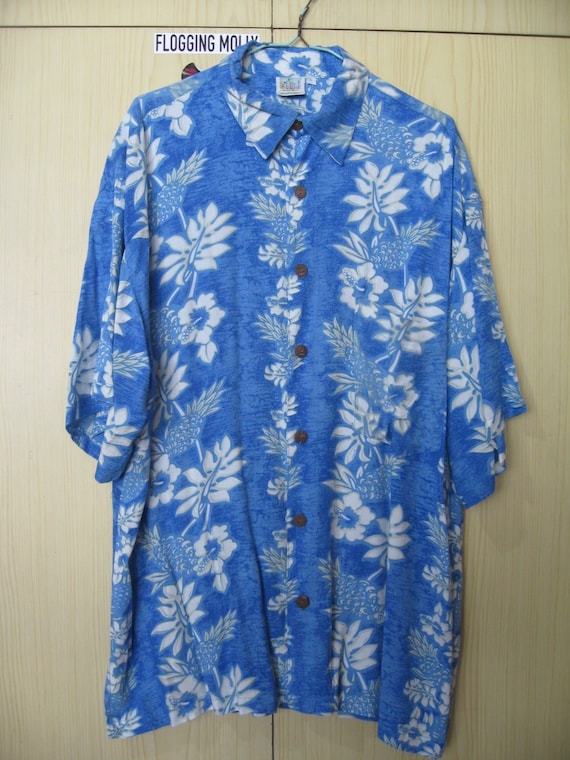 L Rayon 1990s Vintage Coconut Beach Blue Hawaiian… - image 1