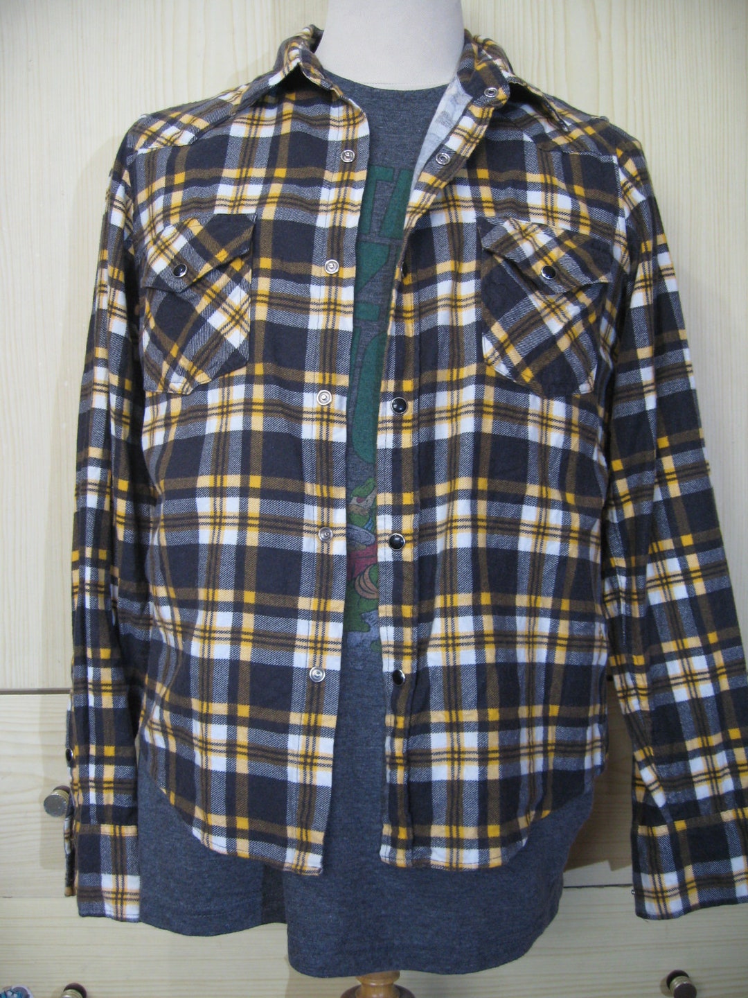 美品 GREENCLOTHING WOOL FLANNEL SHIRTS The Japanese Low Twist Shirt in Green Navy and Gold