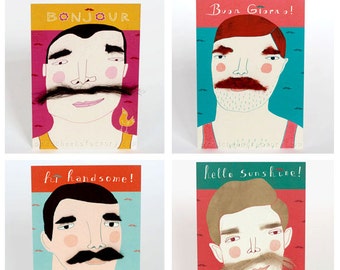 moustache postcard set - with 'real' moustaches - special greeting card set - Macho postcards - original present - moustaches - handmade