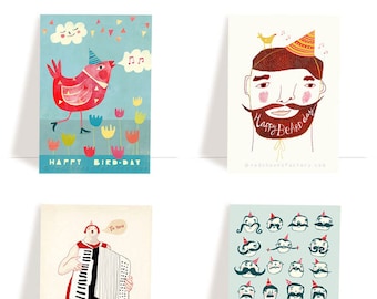 Set of 4 various birthday postcards - birthday greeting cards - party illustrations - birthday postcard set - party cards - happy birthday