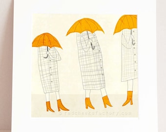 giclee print - trio umbrella - Illustration - drawing - yellow  wall decor - positive art print