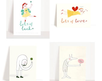 Set of 4 luck and love postcards - lucky greeting cards - good wishes illustration - lucky postcard set - fourleaf clover