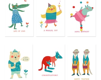 Animal Postcard set 1 -  animal postcards - 6 animal greeting cards - animal illustrations -  birthday postcards - celebration cards