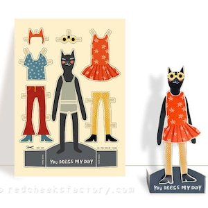 DIY cut out and dress paper cat Mathilde - paper doll - cat card - paper puppet - dress doll - retro cat