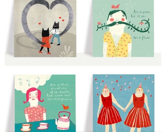 set of 4 greeting cards including positive quotes -  postcard set -  colorful cards - birthday postcard - cats postcard