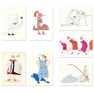 Conjunto de siete postales A6 - tarjetas de felicitación - postal de yoga - conjunto de postales de fiesta - buena suerte - te extraño