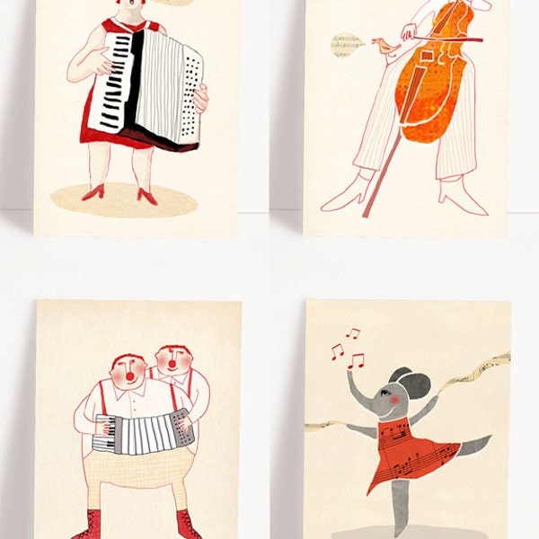 Set of 4 various music postcards - music greeting cards - music illustration - birthday postcard set - musicians - accordion - cello