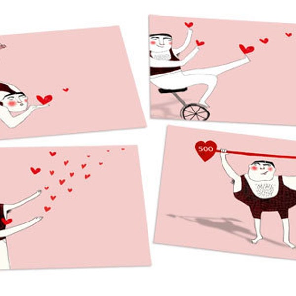 Set of 4 Valentine circus postcards - love greeting cards - hearts illustration - valentine's postcard set - trapeze - strong man - love set